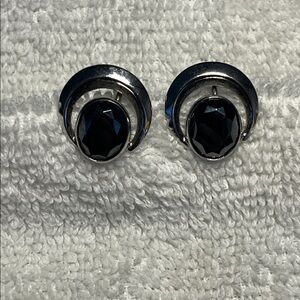 Vintage Sterling Silver and Black Glass Screw Back Earrings